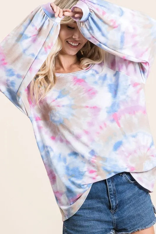 BiBi Tie Dye Print Terry Top With Puff Sleeves