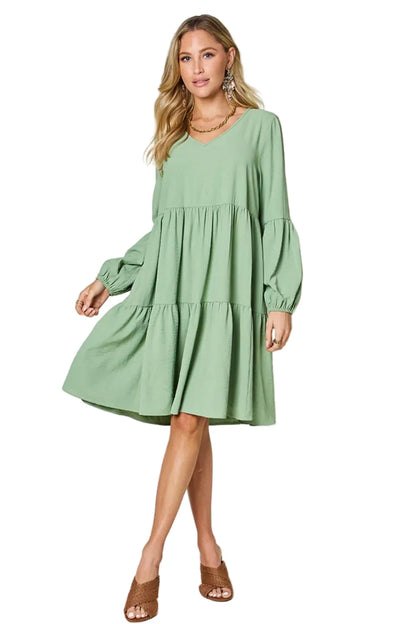 Full-Size V-Neck Balloon Sleeve Tiered Dress with Pockets