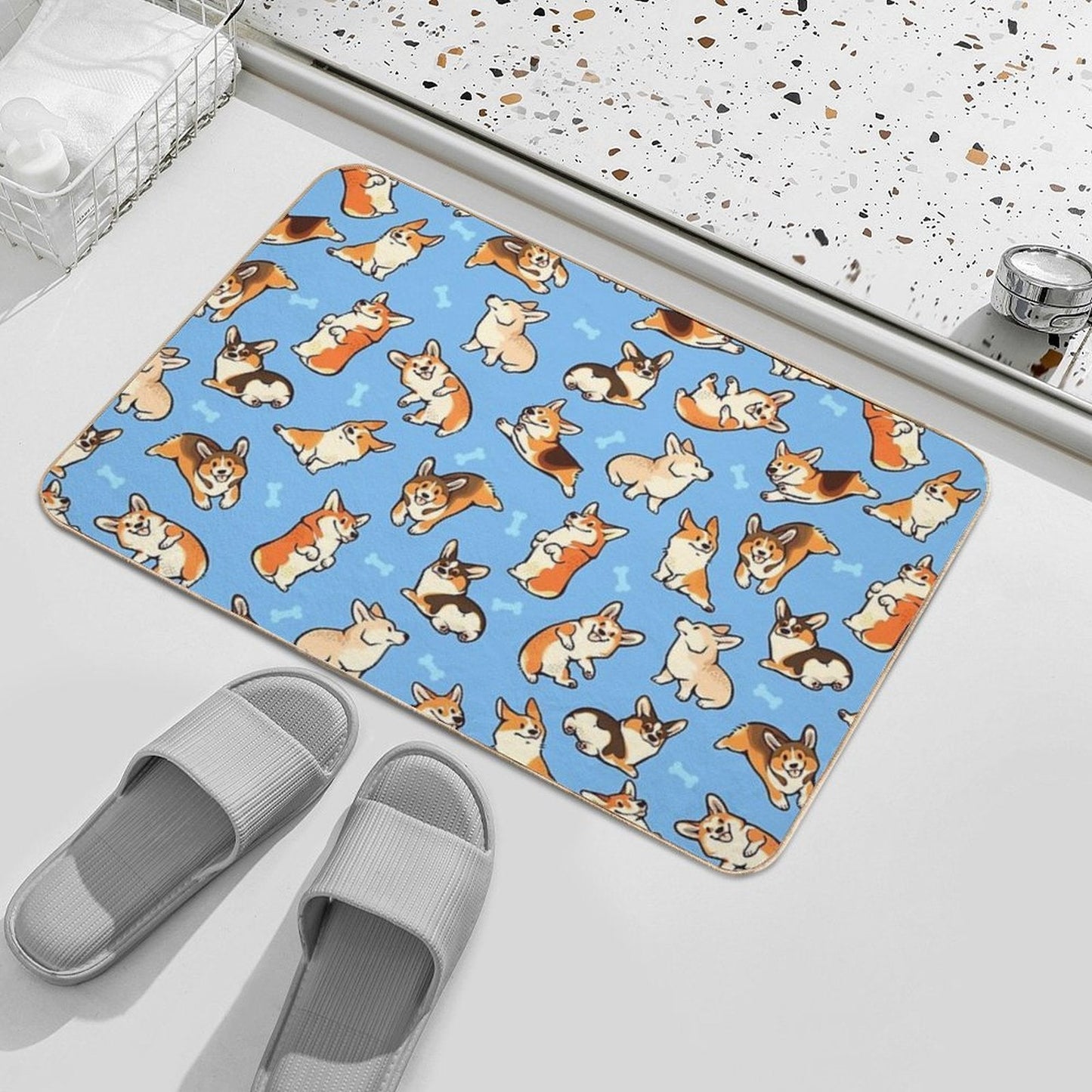 Jolly Corgis in Blue  Rapid-Drying Bath Mat