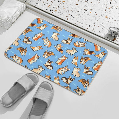 Jolly Corgis in Blue  Rapid-Drying Bath Mat