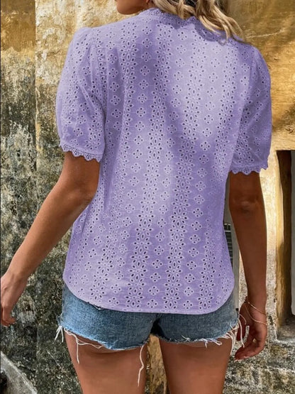 Full Size Eyelet V-Neck Short Sleeve Blouse Plus Size