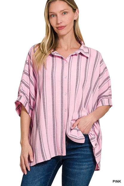 Zenana Woven Yarn-Dye Stripe Oversized Button Down Shirt