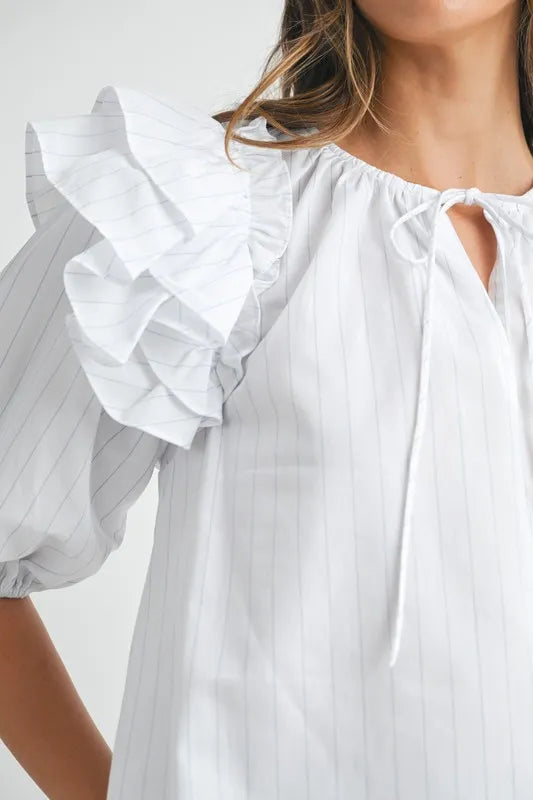 MABLE Stripe Ruffle Shoulder Puff Sleeve Blouse