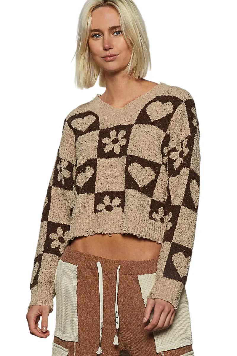 V-Neck Heart Pattern Checkered Sweater