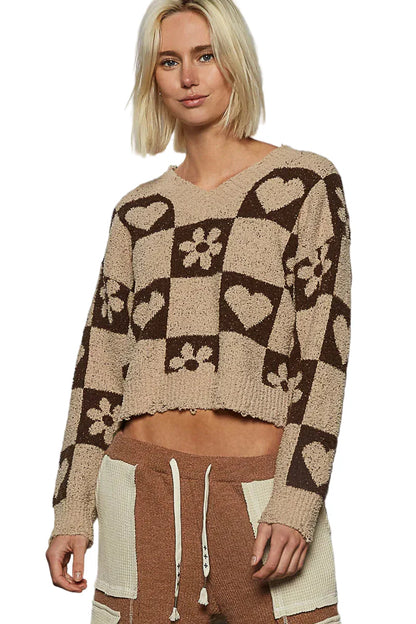 V-Neck Heart Pattern Checkered Sweater