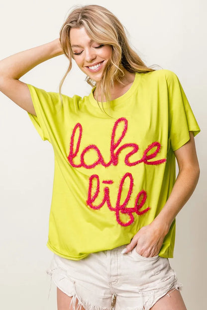 BiBi Metallic Letter Short Dolman Sleeve Top