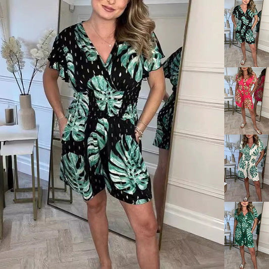 Lightweight Tropical Leaf Print Jumpsuit - V-Neck Summer Romper