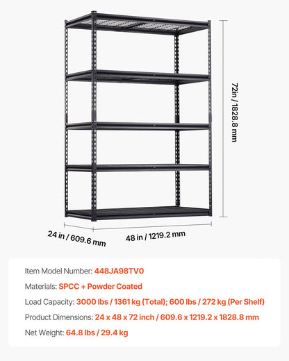 Heavy-Duty 5-Tier 4x2 Storage Rack (48" W × 24" D × 72" H | 3,000 lb Capacity)