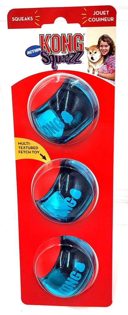 KONG Squeezz Action Ball MEDIUM Red 3 Pack Squeaky Dog Fetch Toy