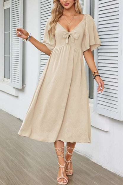 Smocked Tie Front Flutter Sleeve Midi Dress