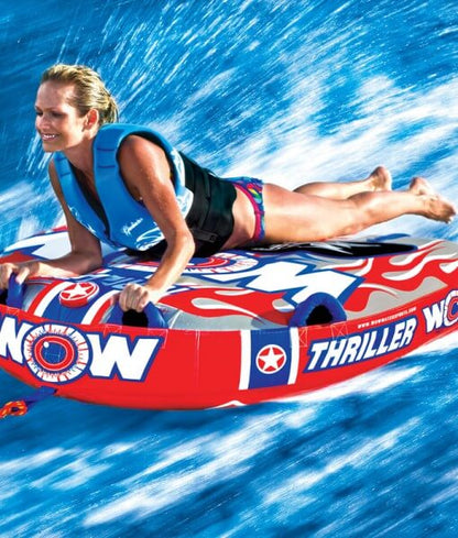 WOW Sports Thriller 1 Person Towable Water Tube - Starter Kit w/ 12V Pump & 1K Tow Rope