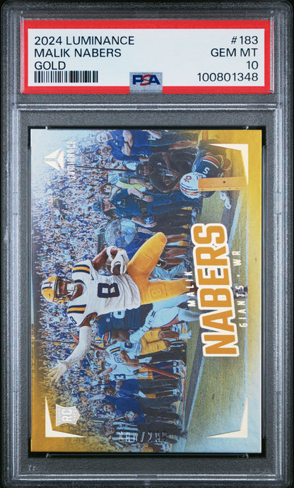 Graded 2024 Panini Luminance Malik Nabers #183 Gold #/299 Rookie RC Football Card PSA 10 Gem Mint