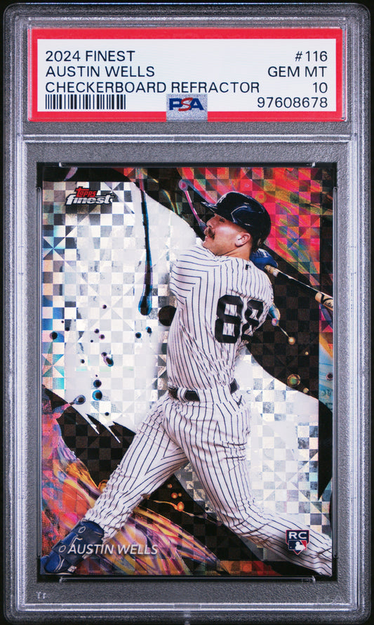 Graded 2024 Topps Finest Austin Wells #116 Checkerboard Refractor Rookie RC Baseball Card PSA 10 Gem Mint