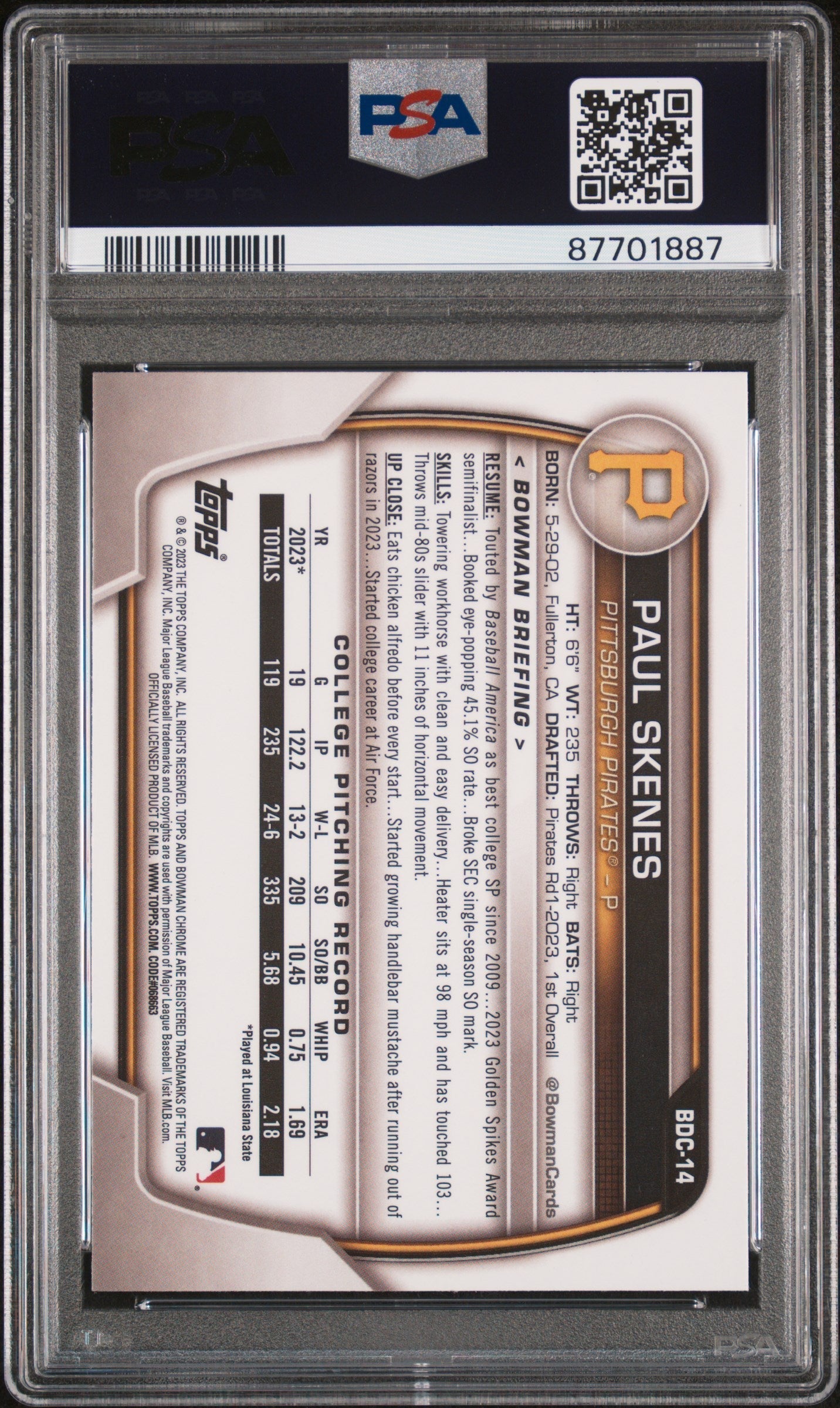 Graded 2023 Topps Bowman Draft Paul Skenes #BDC14 Chrome Rookie RC Baseball Card PSA 10 Gem Mint