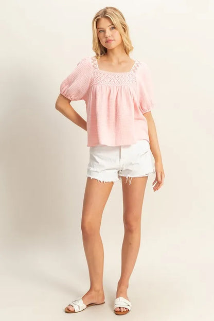 HYFVE Crochet Detail Puff Sleeve Peasant Top