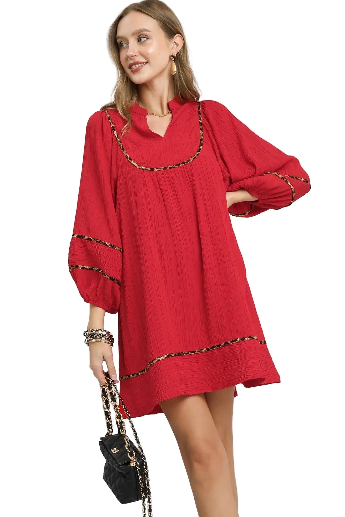 Textured Babydoll Dress with Leopard Trim