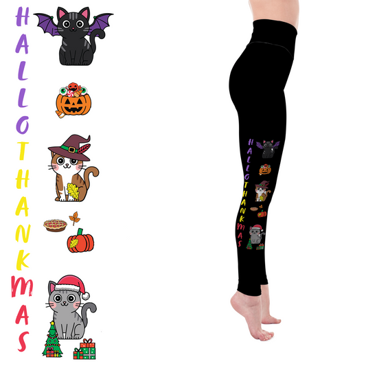 Kitty Happy  HalloThanksMas Handmade Leggings with Pockets