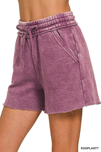 Zenana Acid Wash Fleece Drawstring Shorts With Pockets