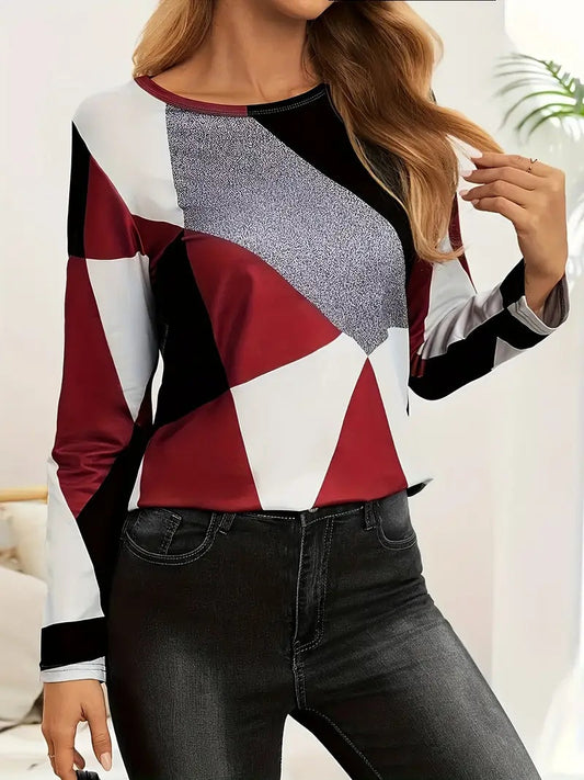 Geo Bold Colorblock Long Sleeve Tee - Red White Charcoal