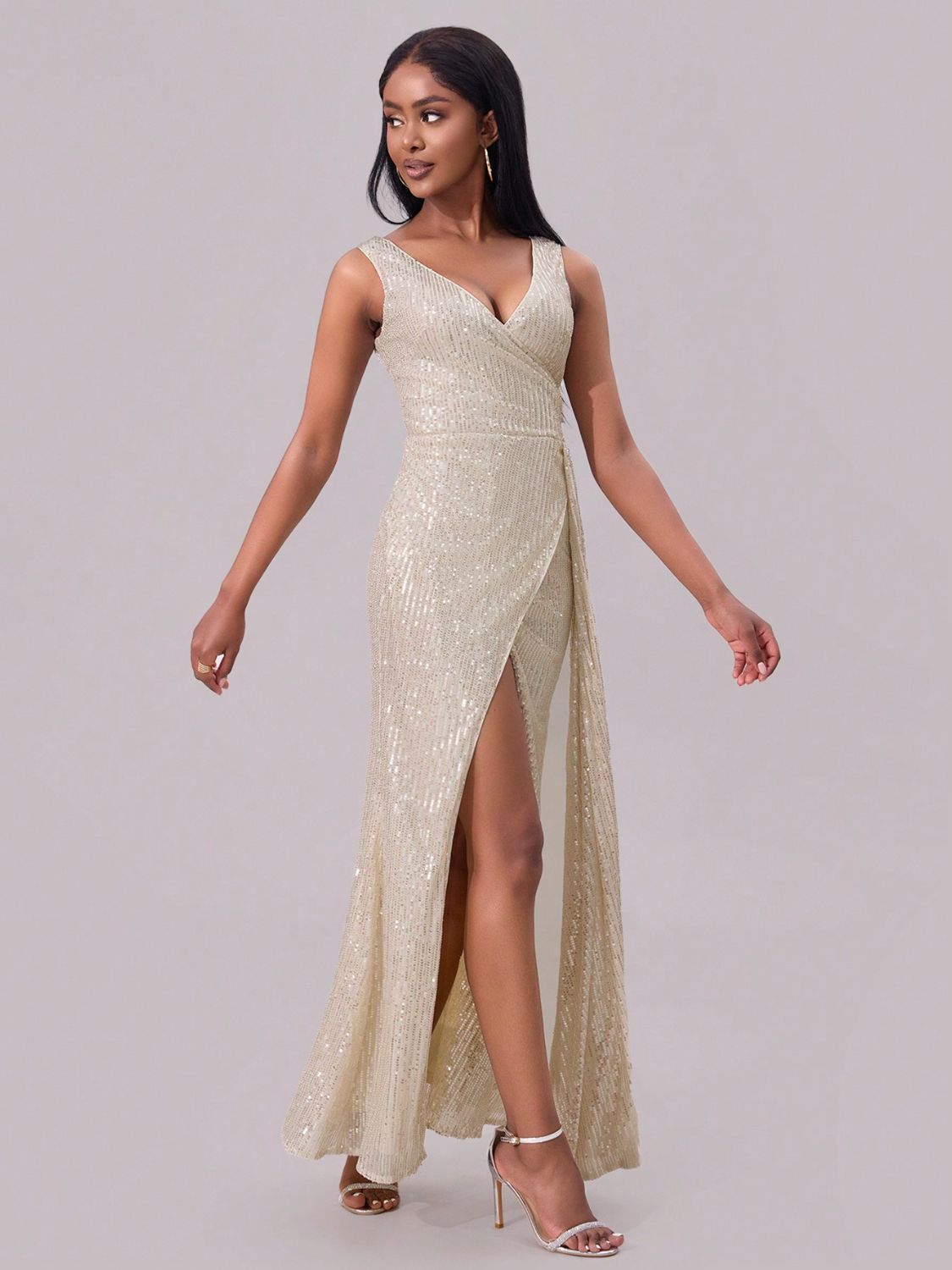 Slit Sequin Surplice Sleeveless Maxi Dress