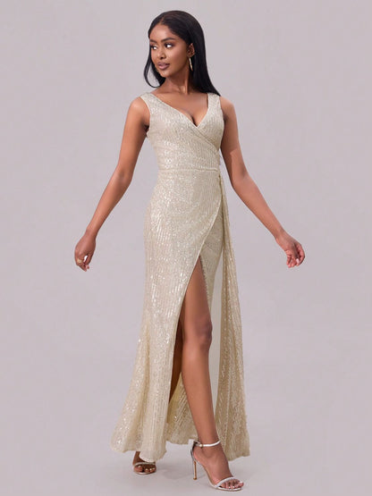 Slit Sequin Surplice Sleeveless Maxi Dress