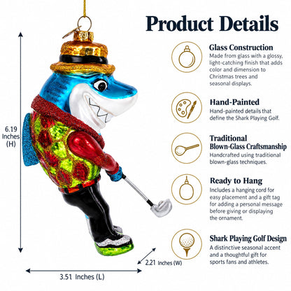 Shark Playing Golf Glass Christmas Ornament