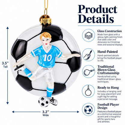 Football Player Glass Christmas Ornament