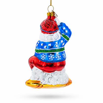 Snowboarding Santa Glass Christmas Ornament
