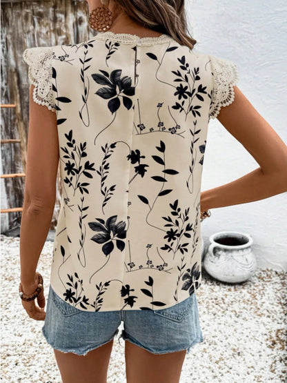 Lace Detail Printed Cap Sleeve Blouse