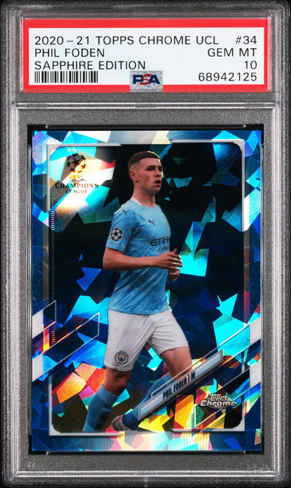 Graded 2020 Topps Chrome UCL Phil Foden #34 Sapphire Edition Soccer Card PSA 10 Gem Mint