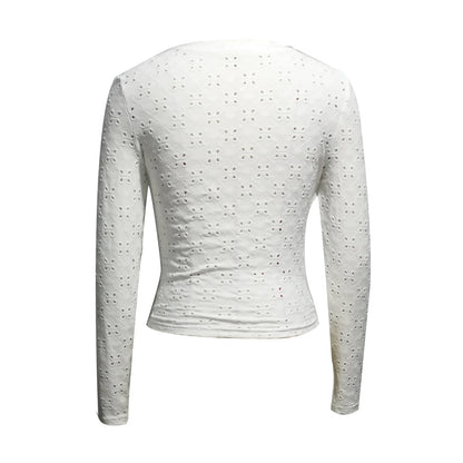 White Eyelet Cutout V-Neck Long Sleeve Top - Polyester Fitted