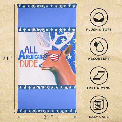 All American Dude with Deer Blue Beach Towel - size 31" x 71"
