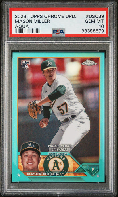 Graded 2023 Topps Chrome Update Mason Miller #USC39 Aqua #/199 Rookie RC Baseball Card PSA 10 Gem Mint