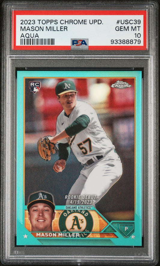 Graded 2023 Topps Chrome Update Mason Miller #USC39 Aqua #/199 Rookie RC Baseball Card PSA 10 Gem Mint