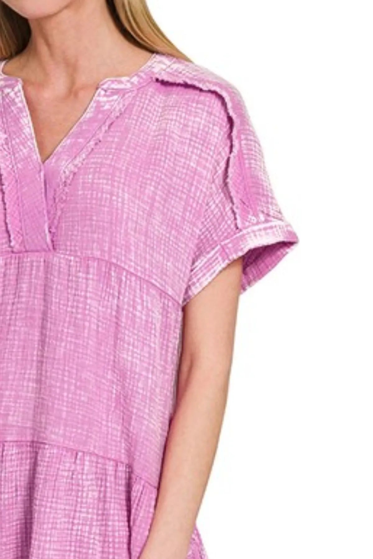 Zenana Washed Double Gauze Raw Edge V-neck Dress