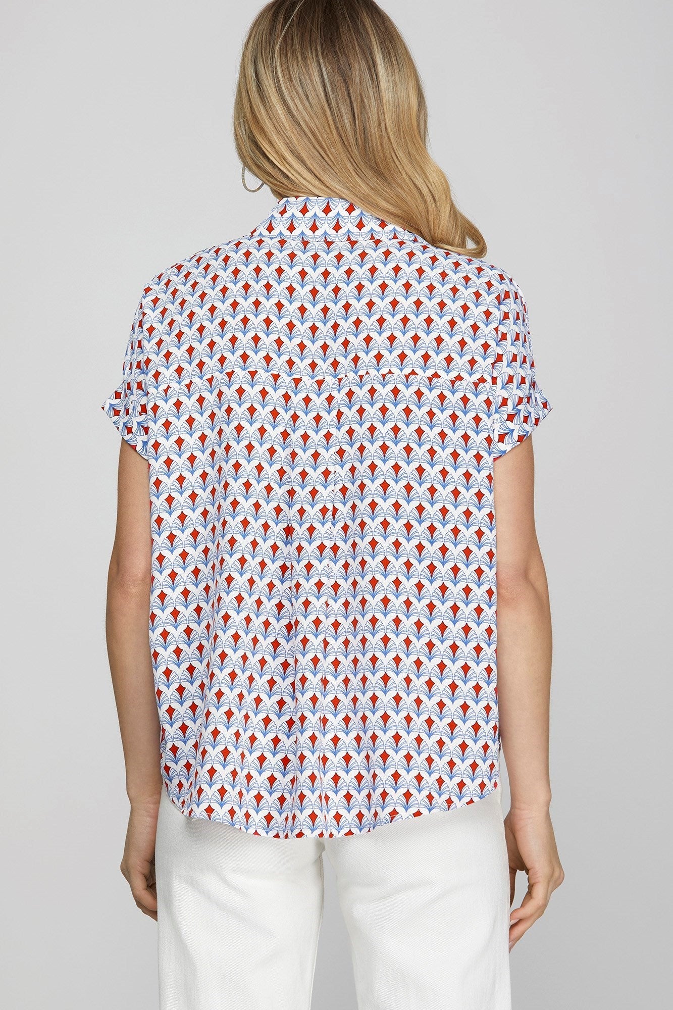 She Sky Full Size Printed Johnny Collar Short Sleeve Blouse Plus Size