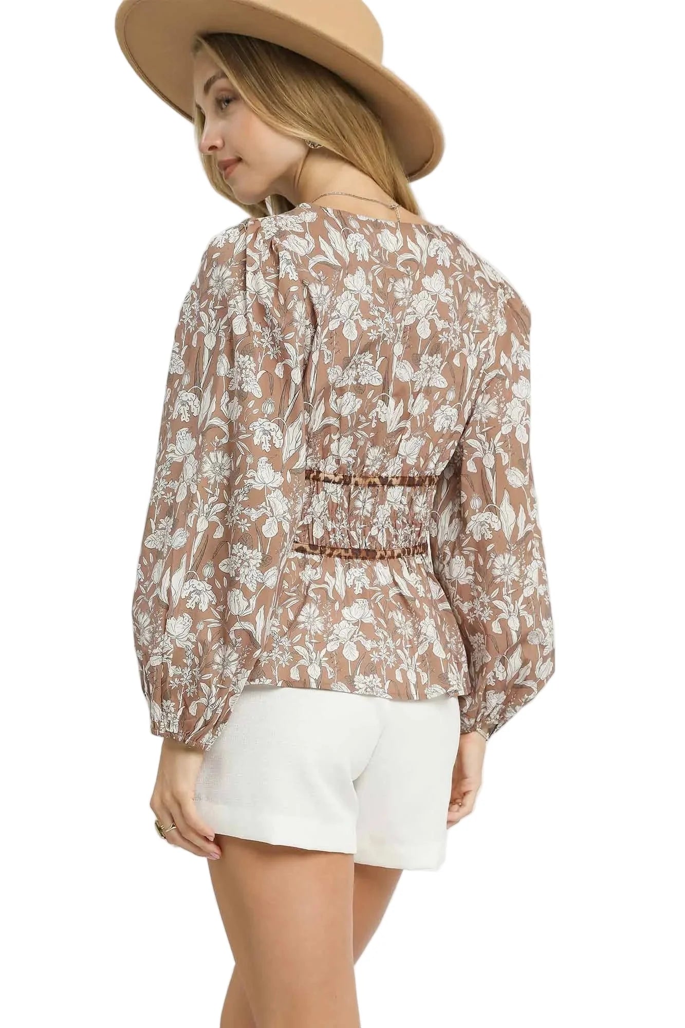 Floral Smocked Peplum Blouse with Tie Detail