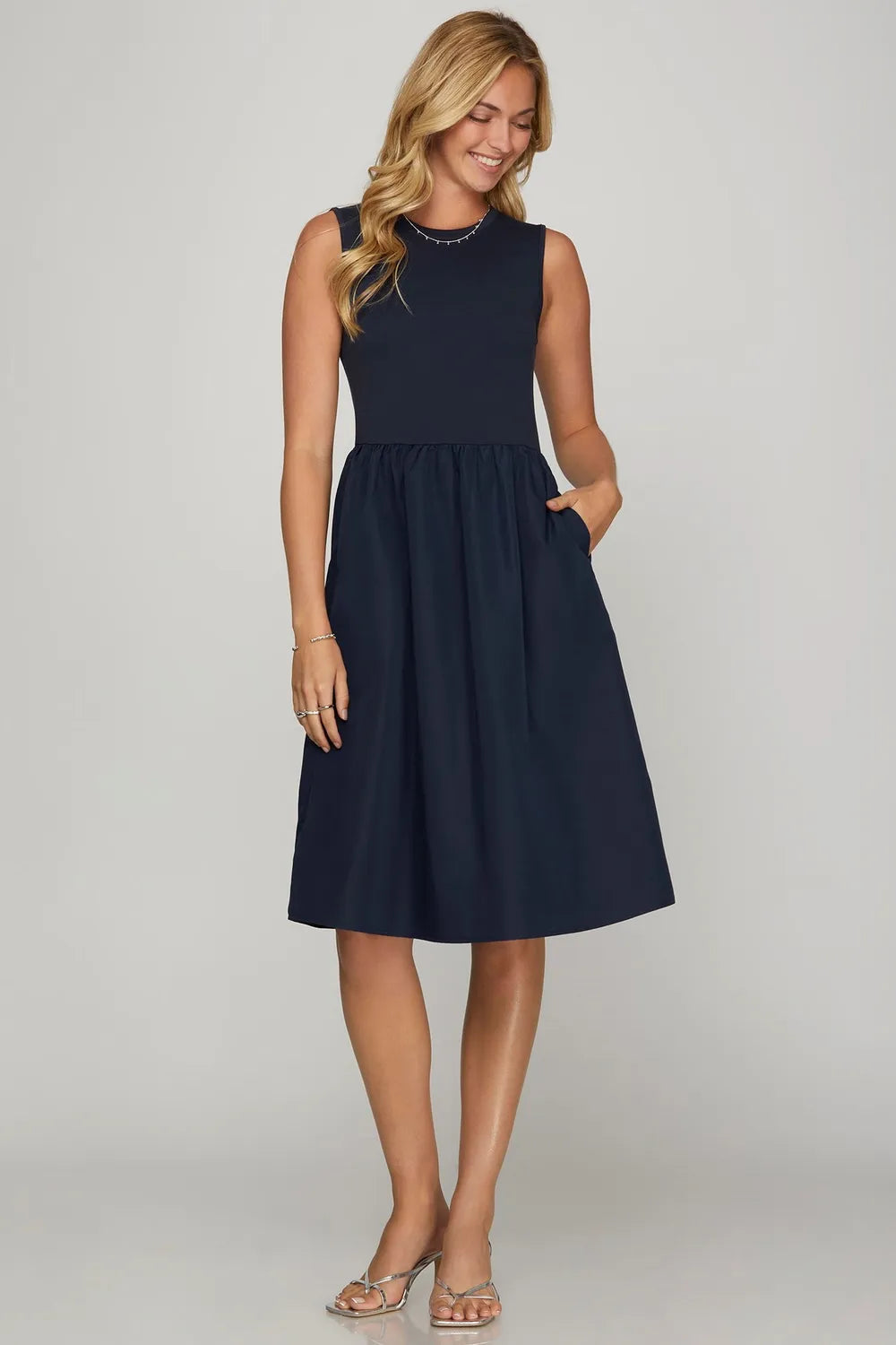 She + Sky Full Size Sleeveless Poplin Woven Midi Dress with Pockets Plus Size