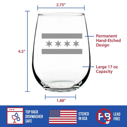 Chicago Flag – Cute Chitown Stemless Wine Glass, Large Glasses, Etched Sayings, Gift Box