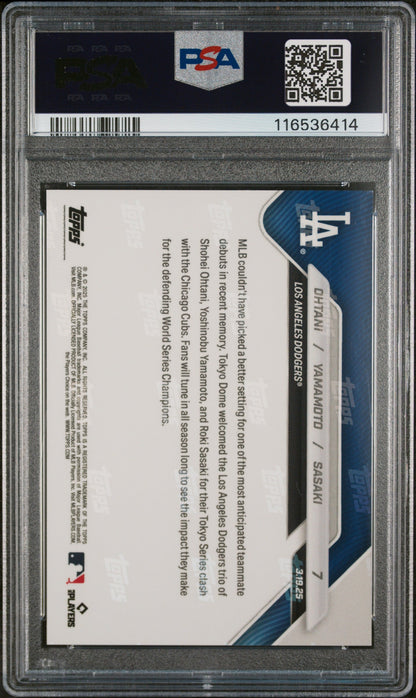 Graded 2025 Topps Now Shohei Ohtani/Yoshinobu Yamamoto/Roki Sasaki #7 Baseball Card PSA 9 Mint