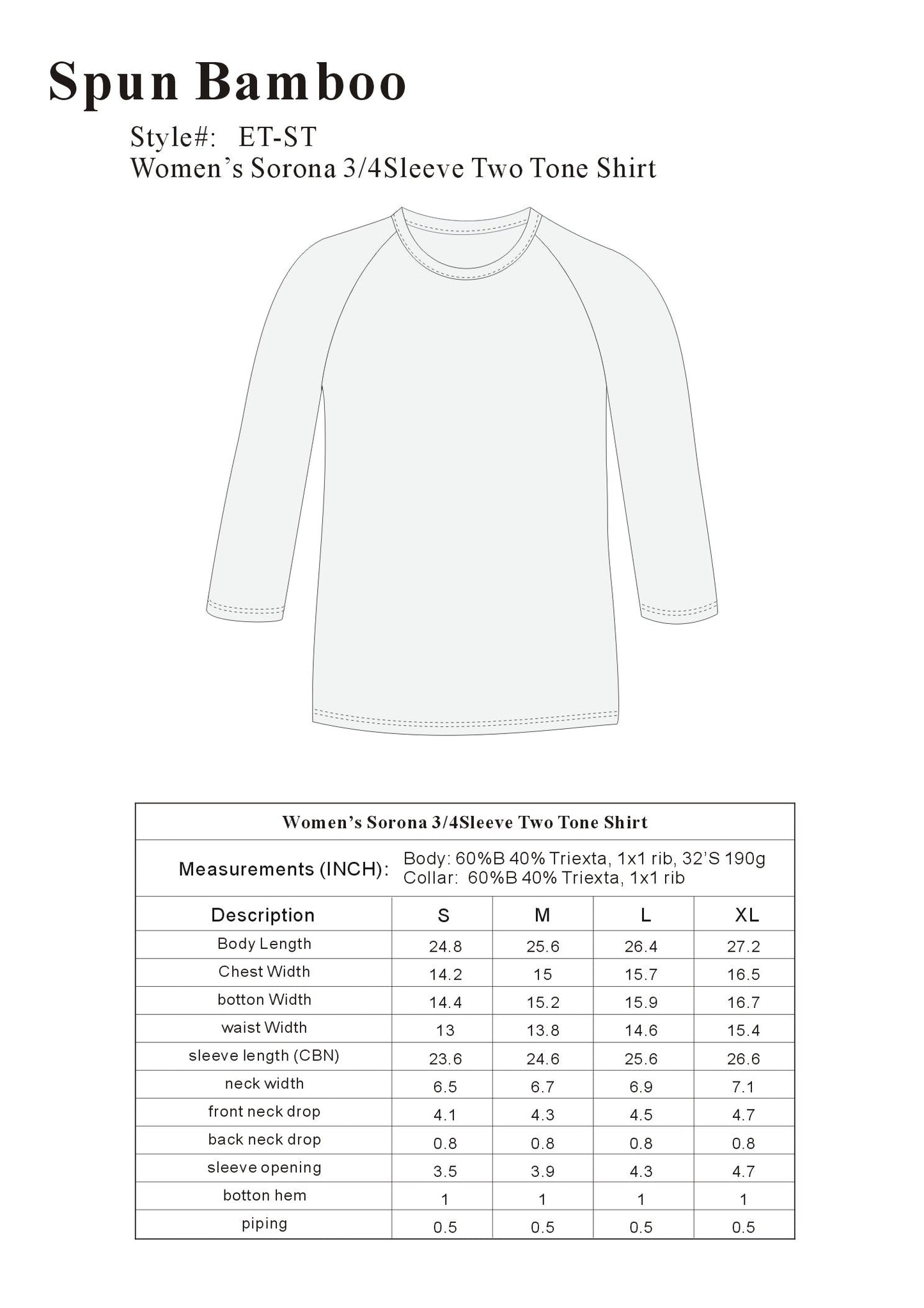 Clearance Women's Bamboo Viscose/Sorona 3/4 Sleeve T-Shirt