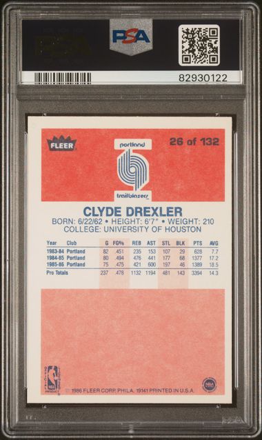 Graded 1986 Fleer Clyde Drexler #26 Rookie RC Basketball Card PSA 8 NM-MT
