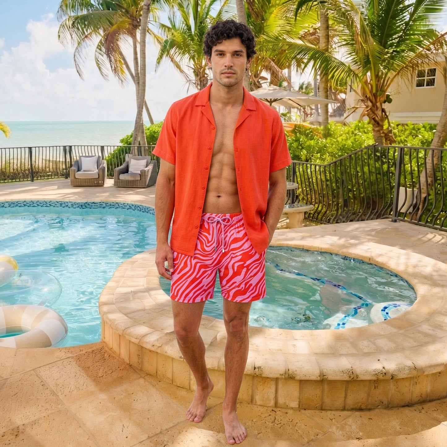 Coral Men's Button Down Resort Shirt, Modern Fit