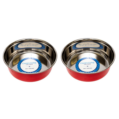 Country Living Set of 2 Heavy Gauge Stainless Steel Dog Bowls - Perfect for Food & Water