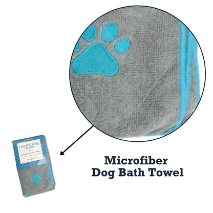 Country Living Large Gray Microfiber Dog Bath Towel with Teal Embroidered Paw Print