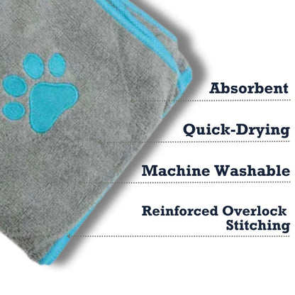 Country Living Large Gray Microfiber Dog Bath Towel with Teal Embroidered Paw Print