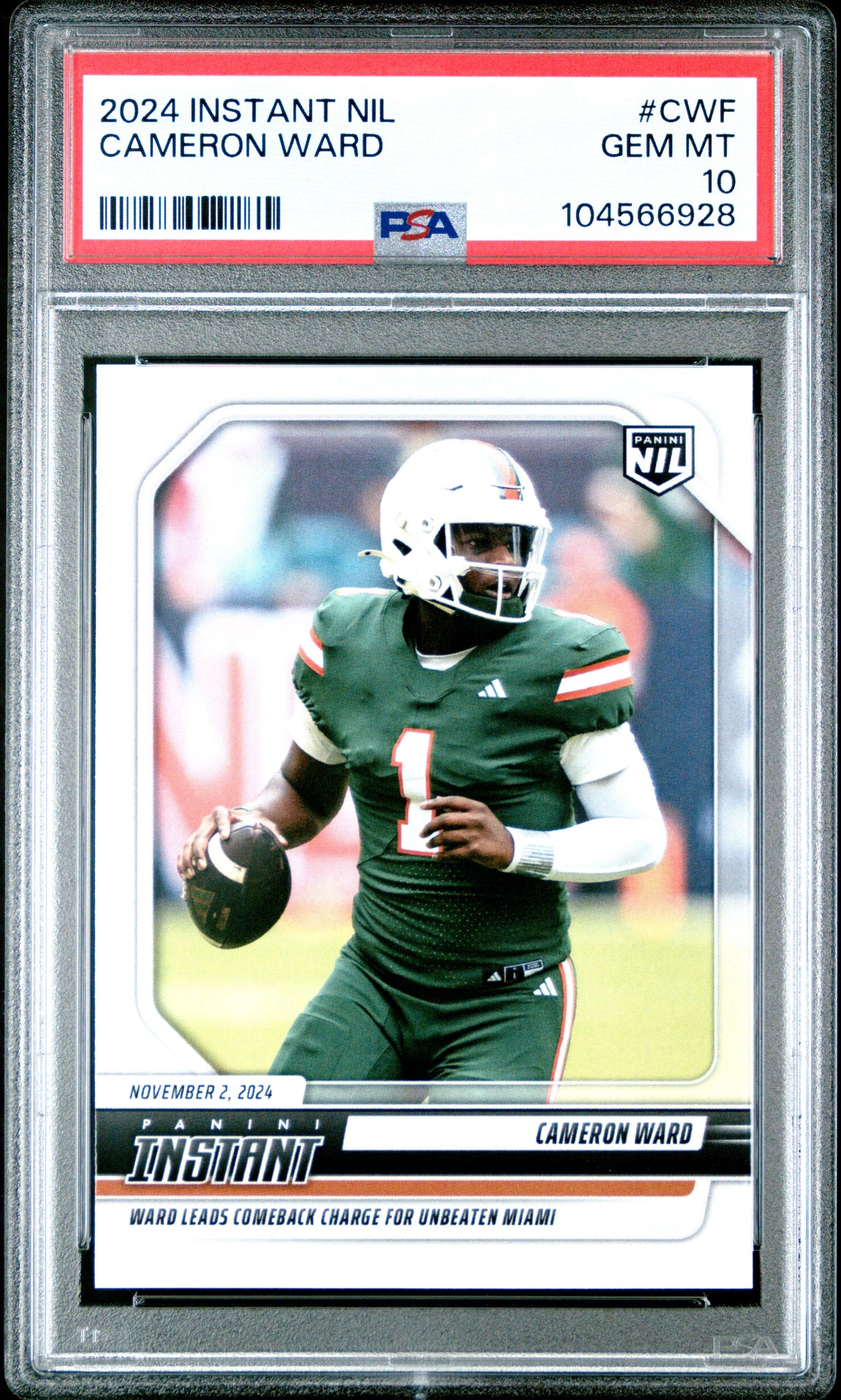 Graded 2024 Panini Instant NIL Cam Ward #CWF Rookie RC Football Card PSA 10 Gem Mint
