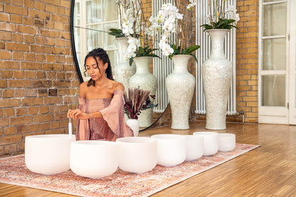 432 Hz 8"-14" Crystal Singing Bowls Chakra Set of 7 - Pure White Frosted Quartz