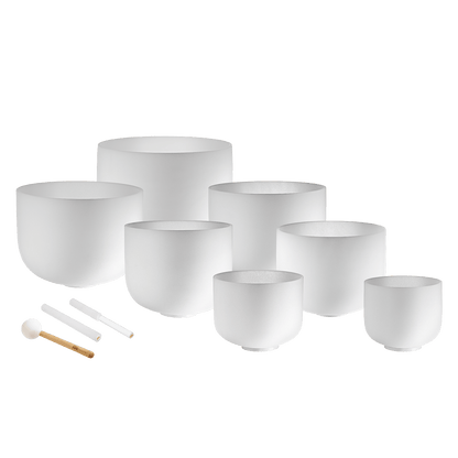 432 Hz 8"-14" Crystal Singing Bowls Chakra Set of 7 - Pure White Frosted Quartz
