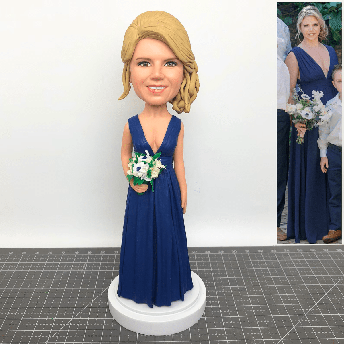 Custom Blue Dress Wedding Bobbleheads for Wife & Bridesmaids